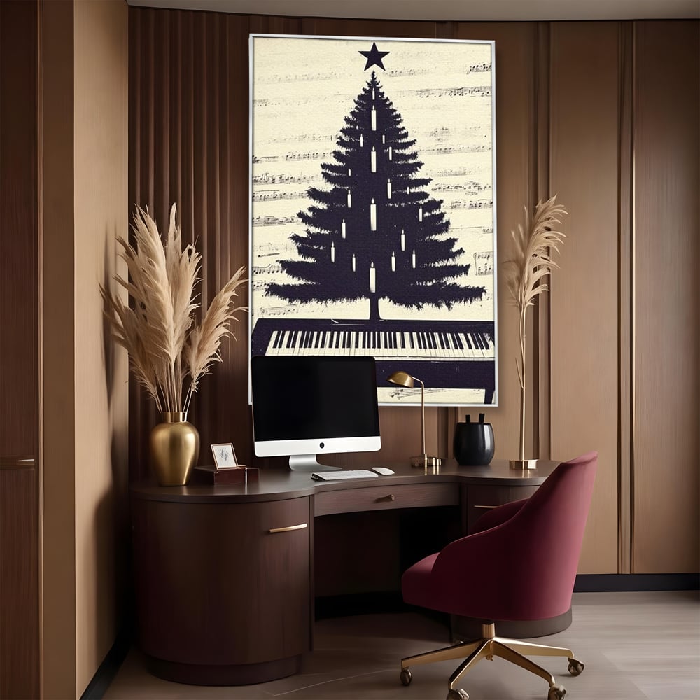 Tablou canvas cu tablou canvas cu brad din clape de pian, in rama de aluminiu argintiu, pe perete intr-un birou